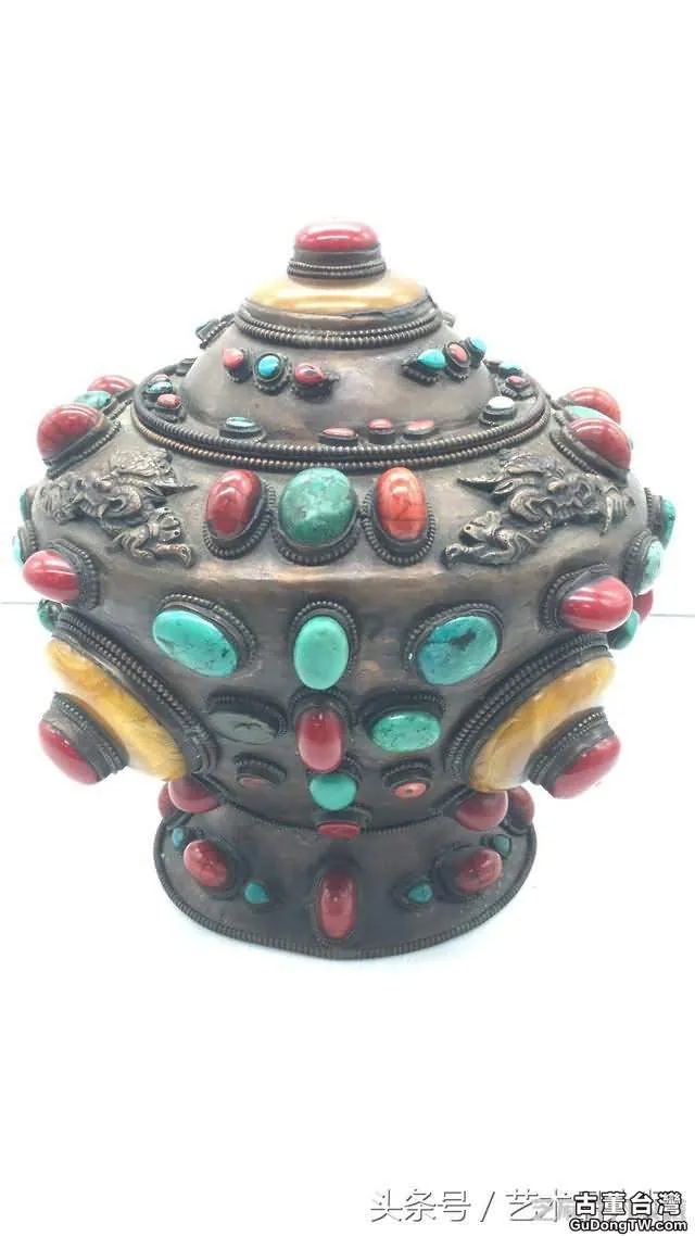 紅銅鑲蜜蠟松石珊瑚蓋罐