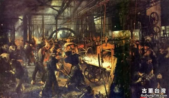 門采爾《軋鐵工廠》油畫