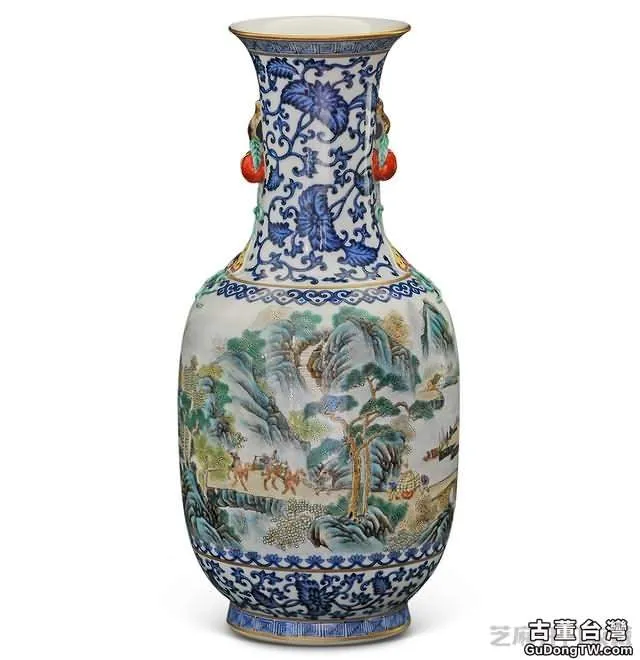 乾隆 青花粉彩山水紋柿耳瓶