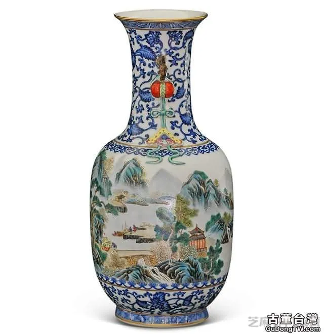 乾隆 青花粉彩山水紋柿耳瓶