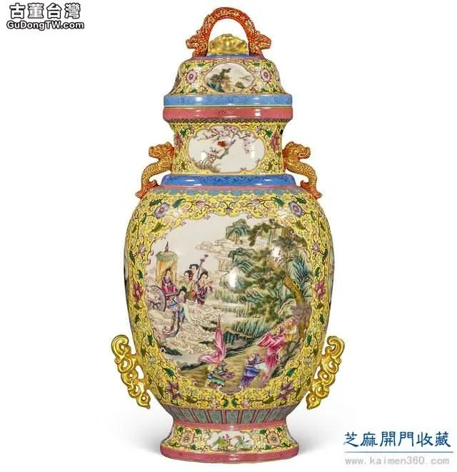 雍正粉彩描金開光王母出行圖摩羯耳蓋瓶(共6張圖片)-古董台灣